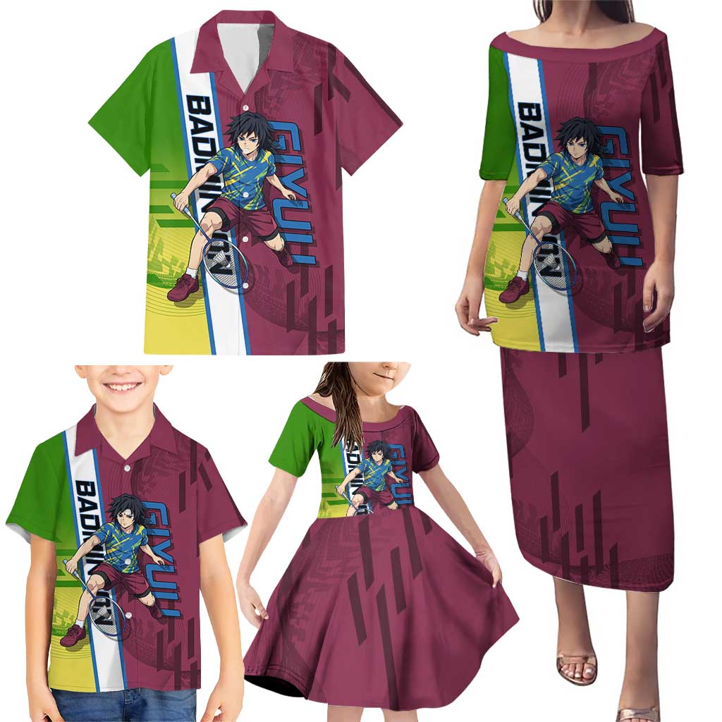 Personalized Giyuu Tomioka Demon Slayer Badminton Theme Family Matching Puletasi and Hawaiian Shirt with Racket Action Pose and Tricolor Graphic Design