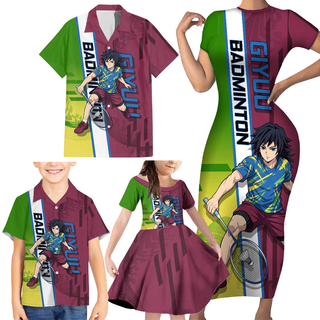 Personalized Giyuu Tomioka Demon Slayer Badminton Theme Family Matching Short Sleeve Bodycon Dress and Hawaiian Shirt with Racket Action Pose and Tricolor Graphic Design
