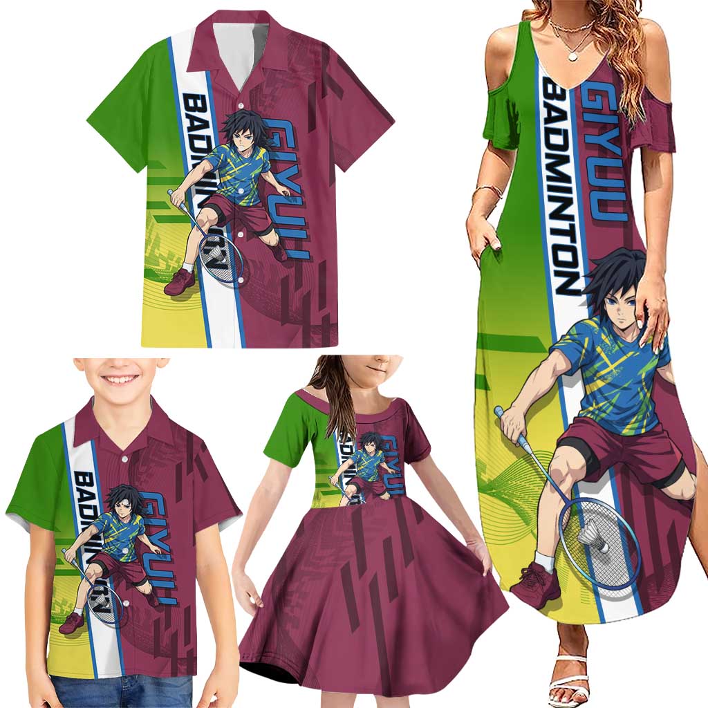 Personalized Giyuu Tomioka Demon Slayer Badminton Theme Family Matching Summer Maxi Dress and Hawaiian Shirt with Racket Action Pose and Tricolor Graphic Design