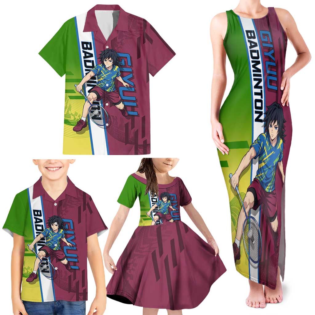Personalized Giyuu Tomioka Demon Slayer Badminton Theme Family Matching Tank Maxi Dress and Hawaiian Shirt with Racket Action Pose and Tricolor Graphic Design