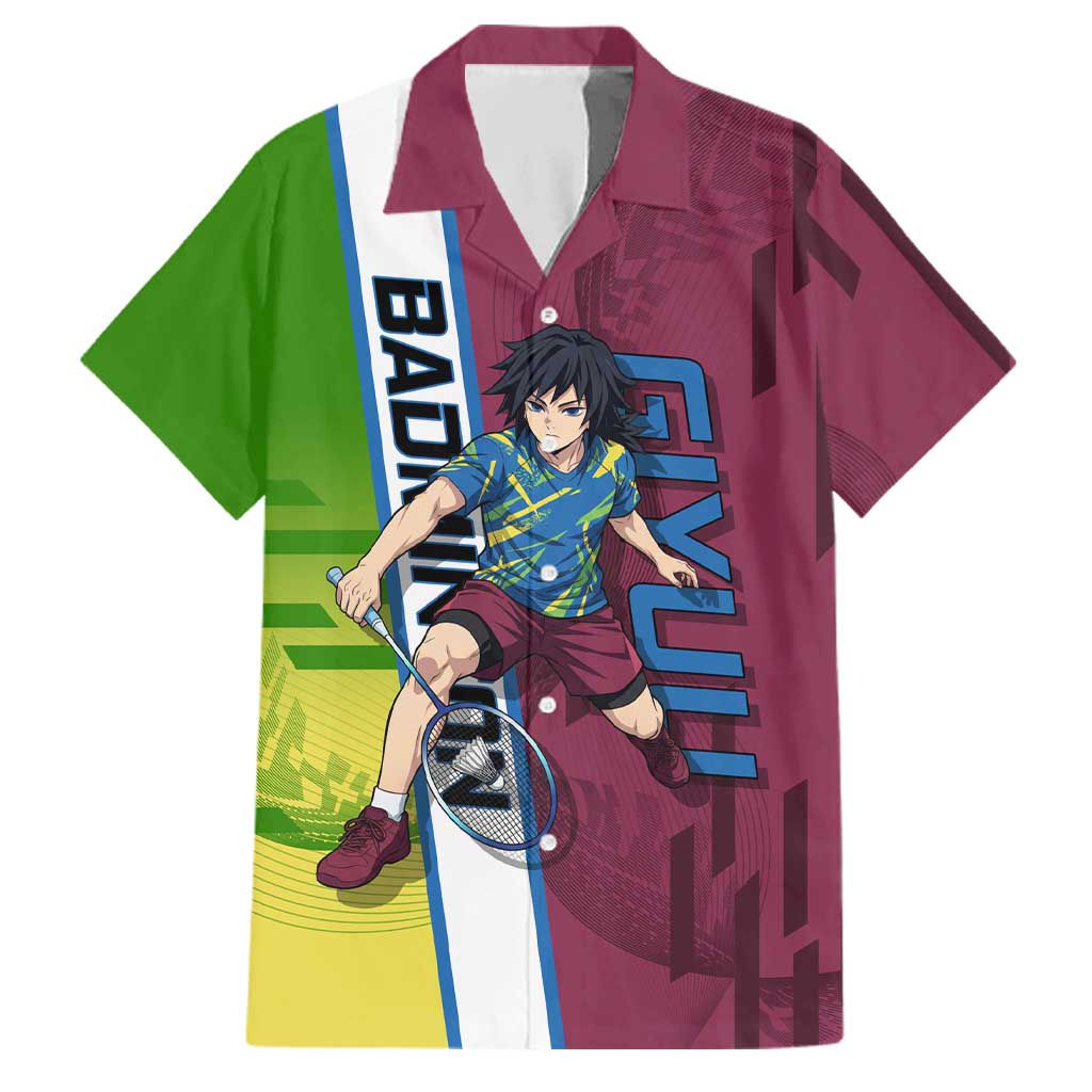 Personalized Giyuu Tomioka Demon Slayer Badminton Theme Family Matching Tank Maxi Dress and Hawaiian Shirt with Racket Action Pose and Tricolor Graphic Design