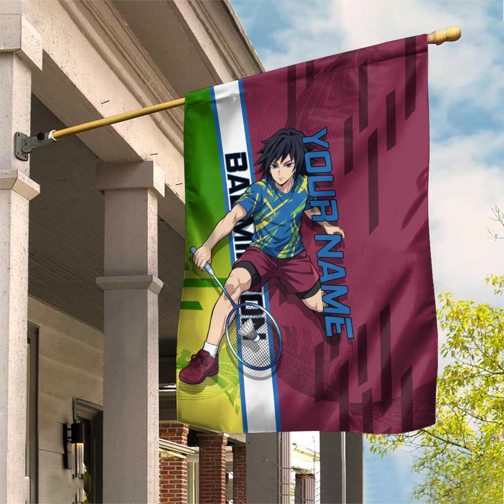 Personalized Giyuu Tomioka Demon Slayer Badminton Theme Garden Flag with Racket Action Pose and Tricolor Graphic Design - The Mazicc