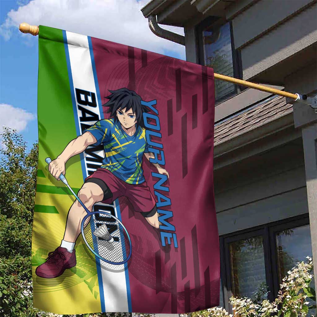 Personalized Giyuu Tomioka Demon Slayer Badminton Theme Garden Flag with Racket Action Pose and Tricolor Graphic Design - The Mazicc