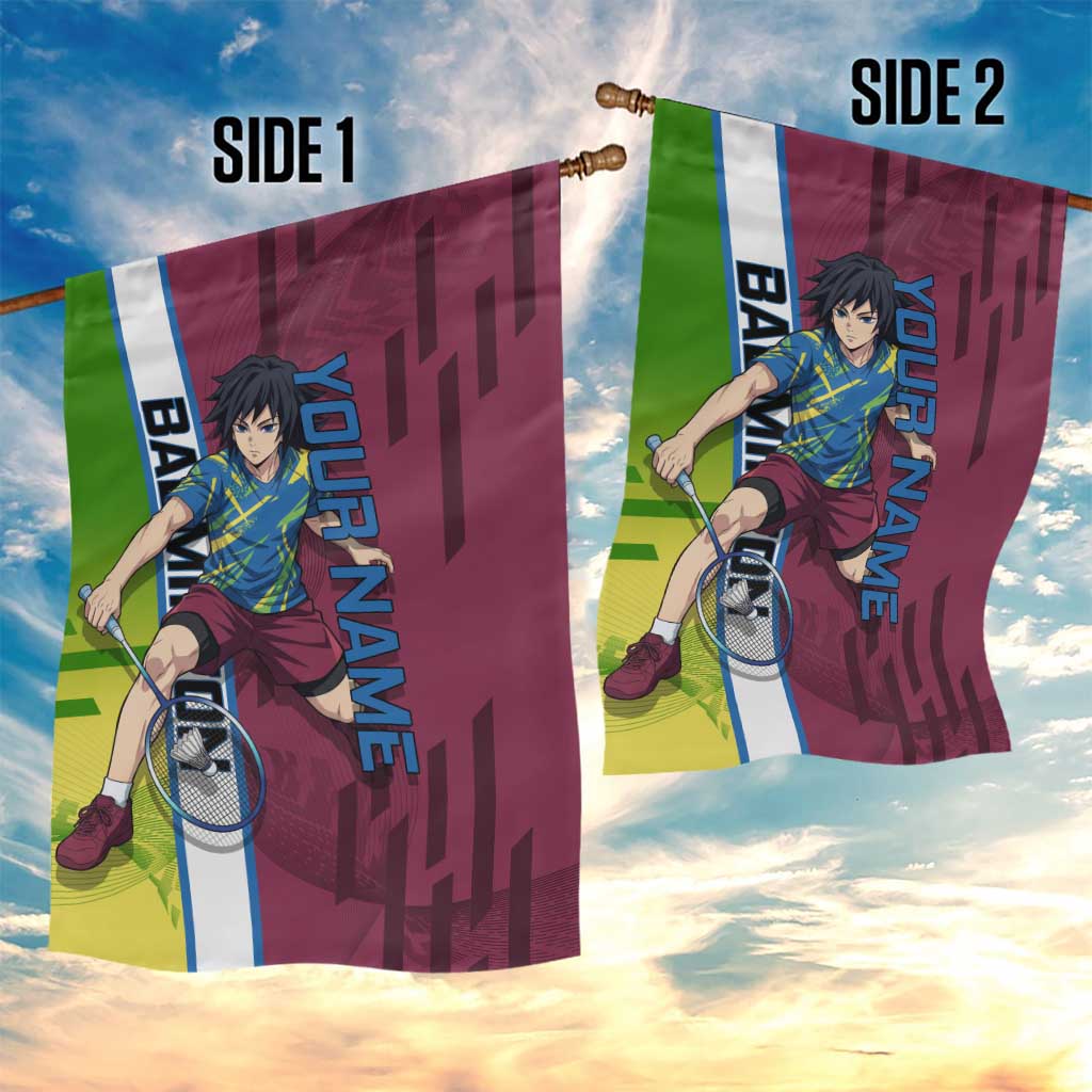 Personalized Giyuu Tomioka Demon Slayer Badminton Theme Garden Flag with Racket Action Pose and Tricolor Graphic Design - The Mazicc