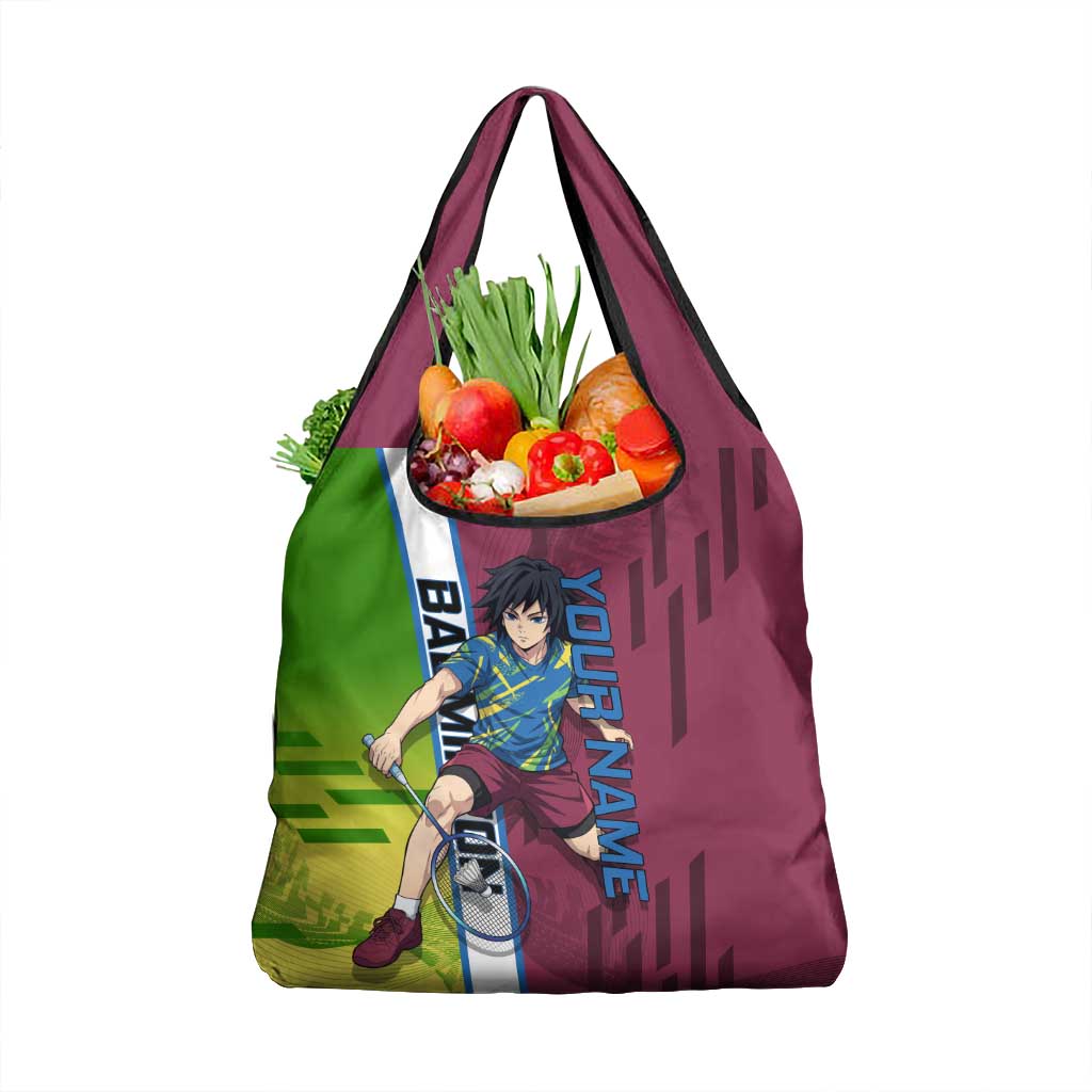 Personalized Giyuu Tomioka Demon Slayer Badminton Theme Grocery Bag with Racket Action Pose and Tricolor Graphic Design - The Mazicc
