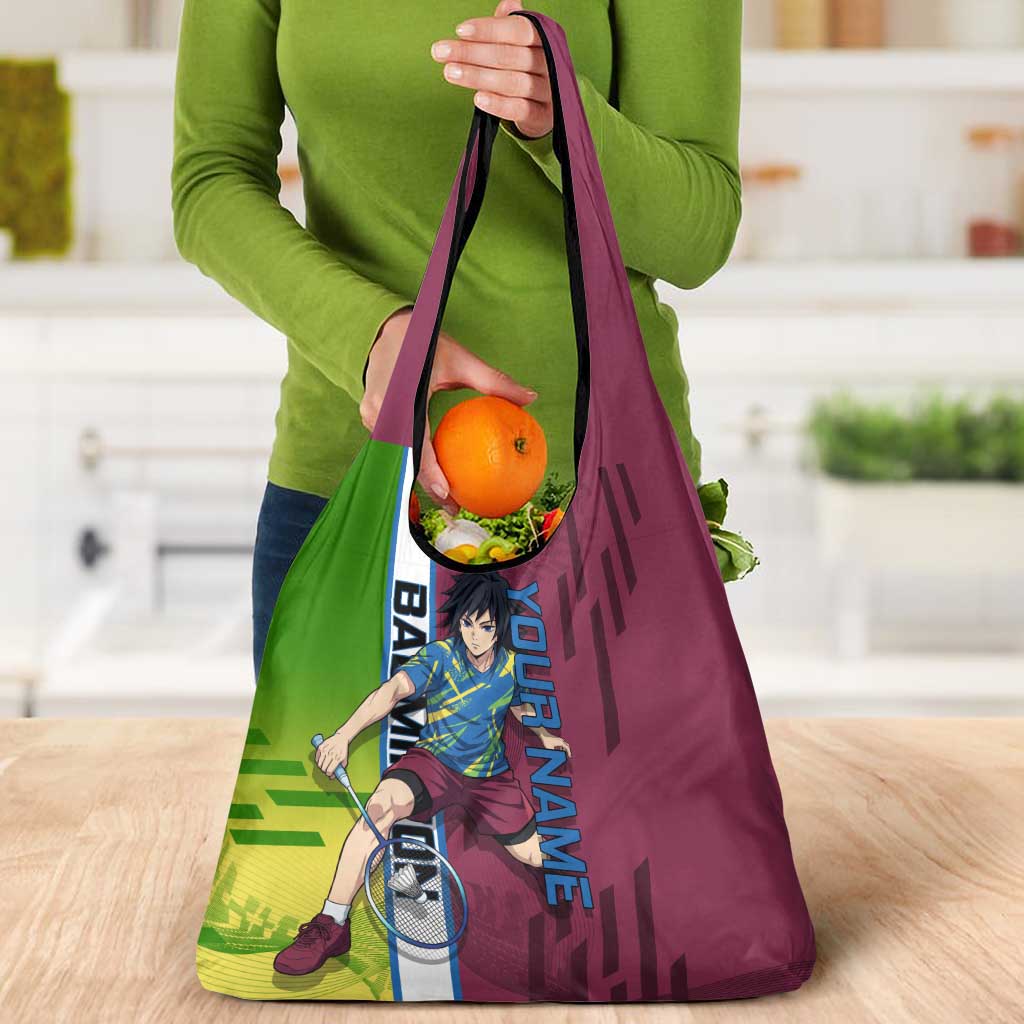Personalized Giyuu Tomioka Demon Slayer Badminton Theme Grocery Bag with Racket Action Pose and Tricolor Graphic Design - The Mazicc