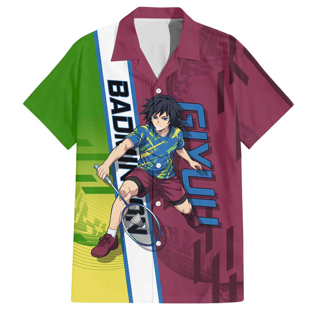 Personalized Giyuu Tomioka Demon Slayer Badminton Theme Hawaiian Shirt with Racket Action Pose and Tricolor Graphic Design - The Mazicc