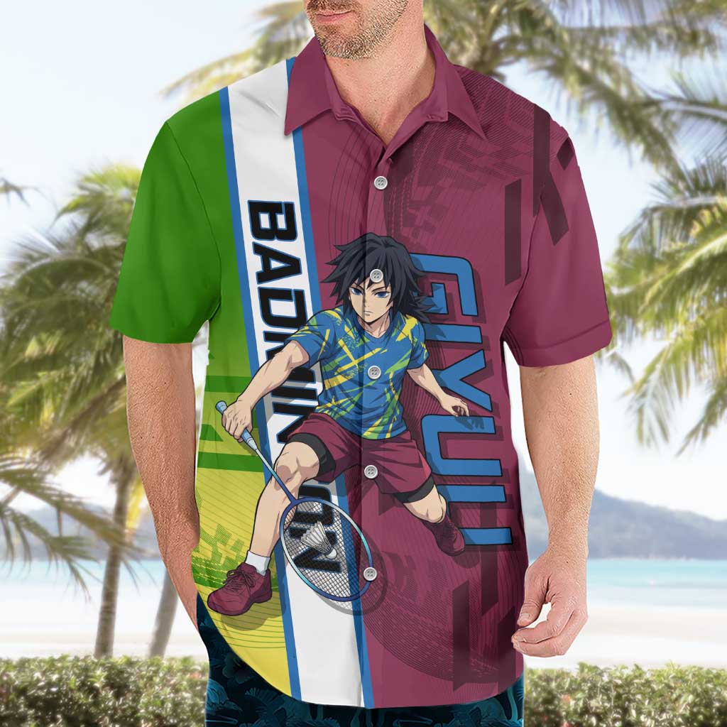 Personalized Giyuu Tomioka Demon Slayer Badminton Theme Hawaiian Shirt with Racket Action Pose and Tricolor Graphic Design - The Mazicc