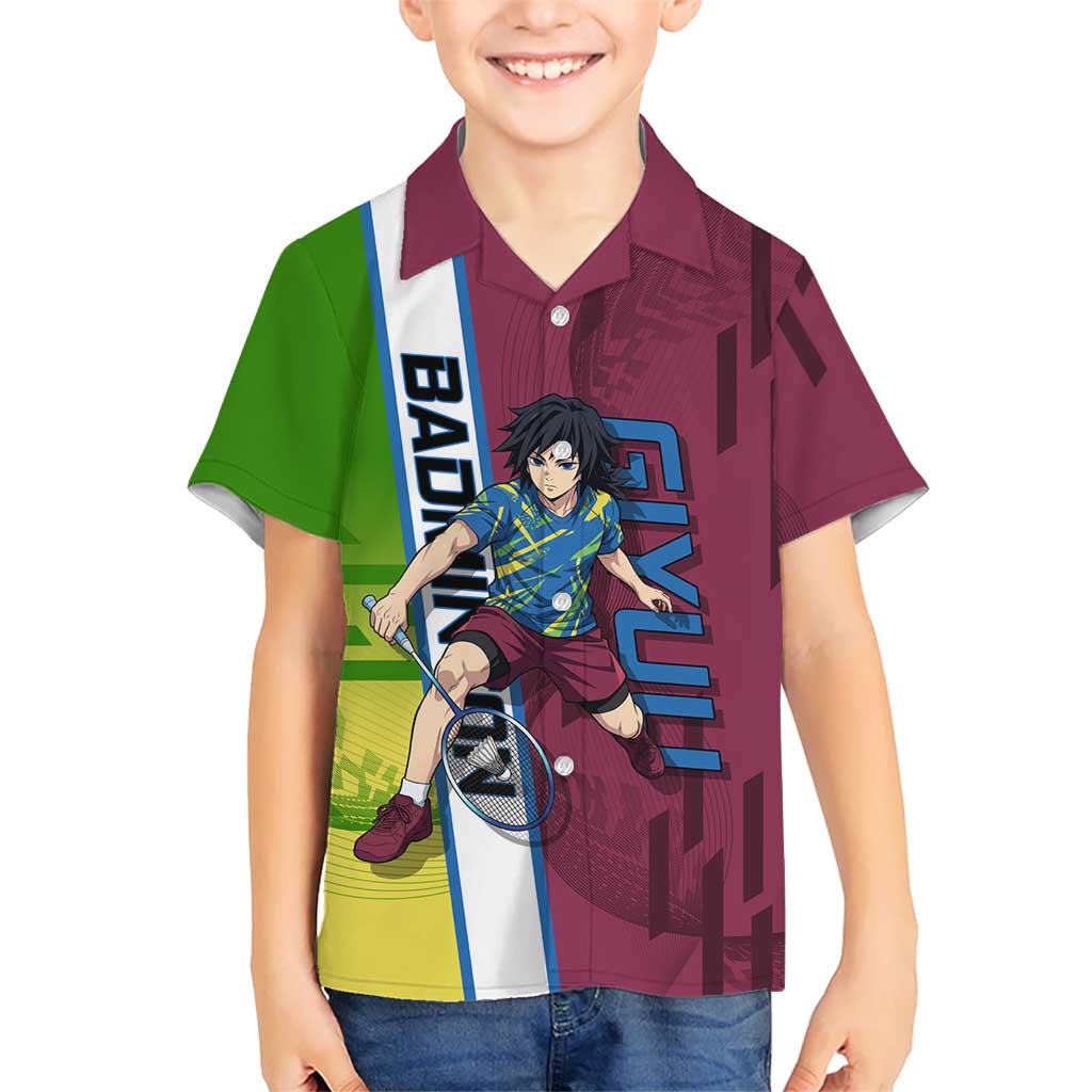 Personalized Giyuu Tomioka Demon Slayer Badminton Theme Hawaiian Shirt with Racket Action Pose and Tricolor Graphic Design - The Mazicc