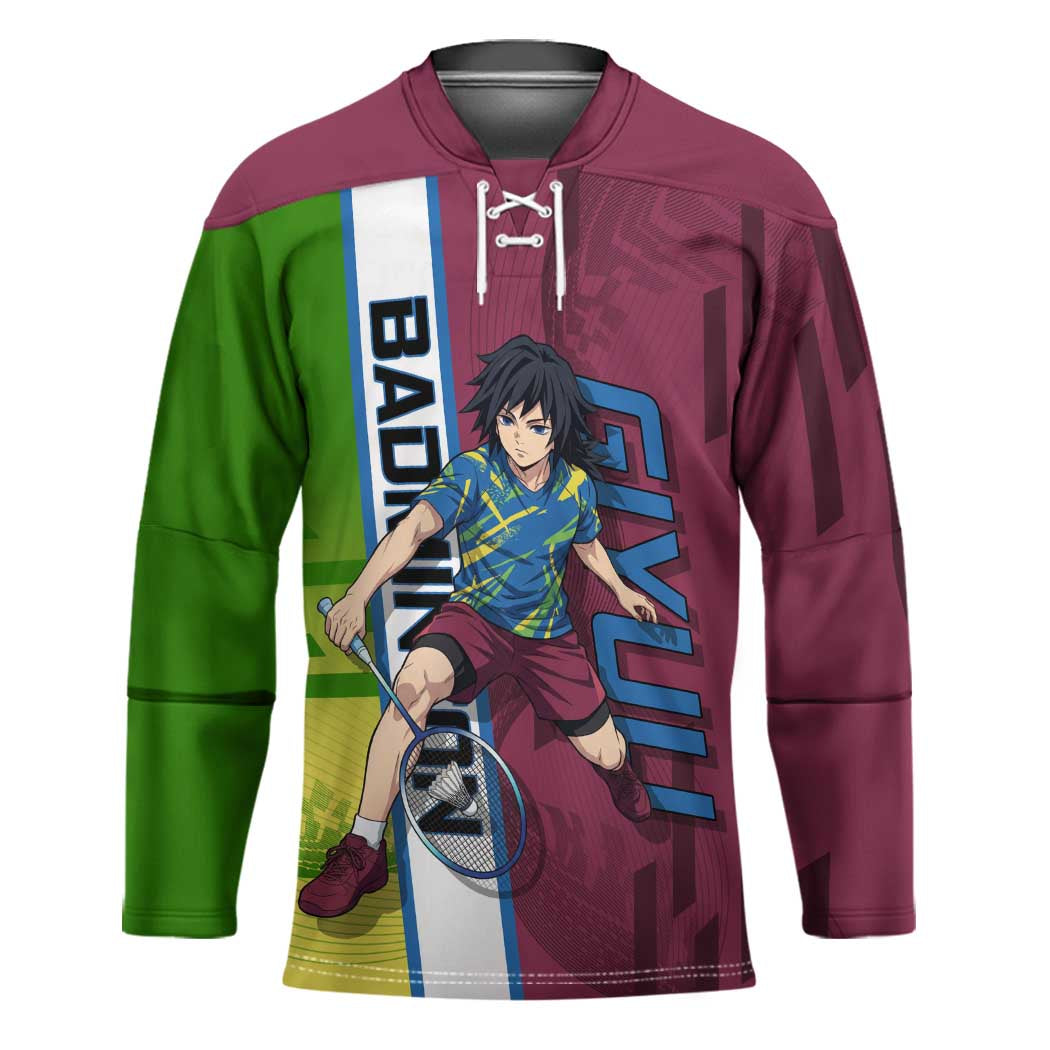 Personalized Giyuu Tomioka Demon Slayer Badminton Theme Hockey Jersey with Racket Action Pose and Tricolor Graphic Design - The Mazicc