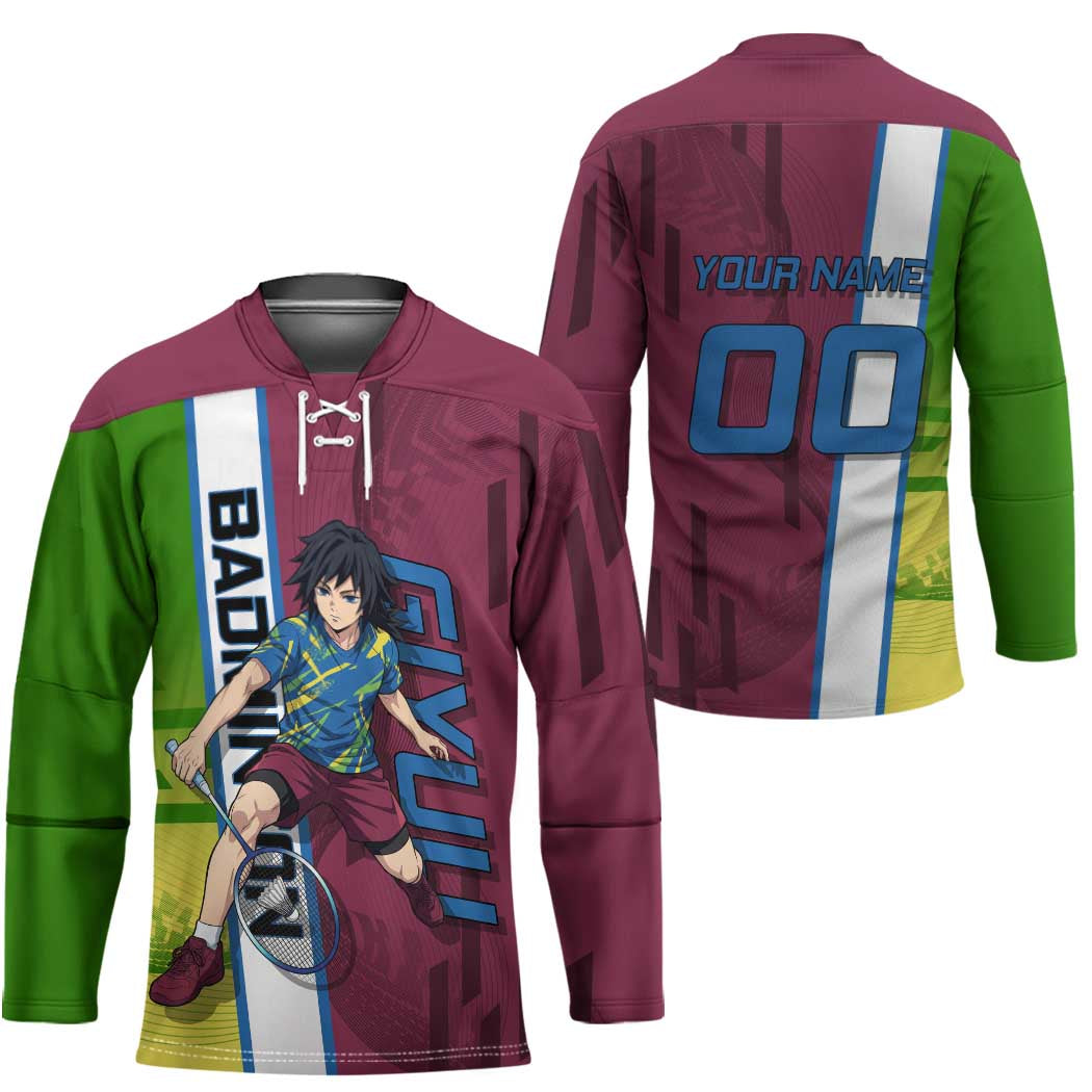 Personalized Giyuu Tomioka Demon Slayer Badminton Theme Hockey Jersey with Racket Action Pose and Tricolor Graphic Design - The Mazicc