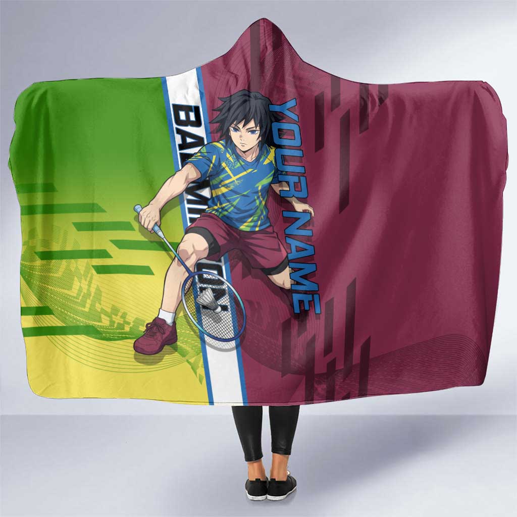 Personalized Giyuu Tomioka Demon Slayer Badminton Theme Hooded Blanket with Racket Action Pose and Tricolor Graphic Design - The Mazicc