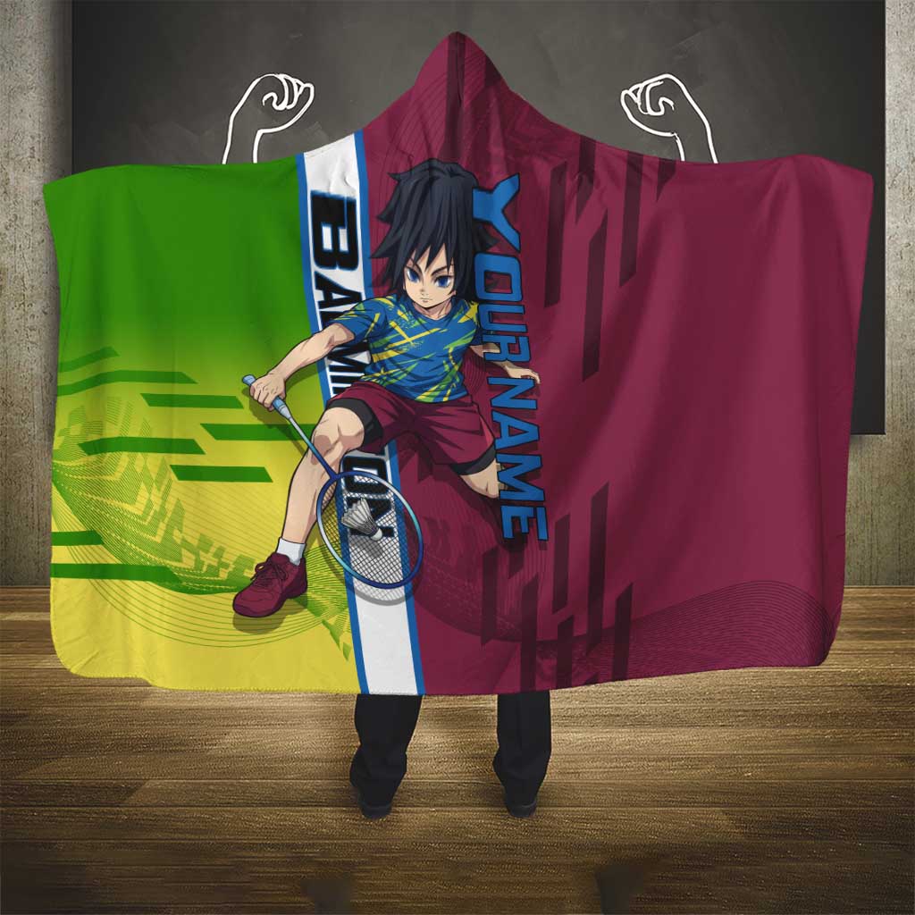 Personalized Giyuu Tomioka Demon Slayer Badminton Theme Hooded Blanket with Racket Action Pose and Tricolor Graphic Design - The Mazicc