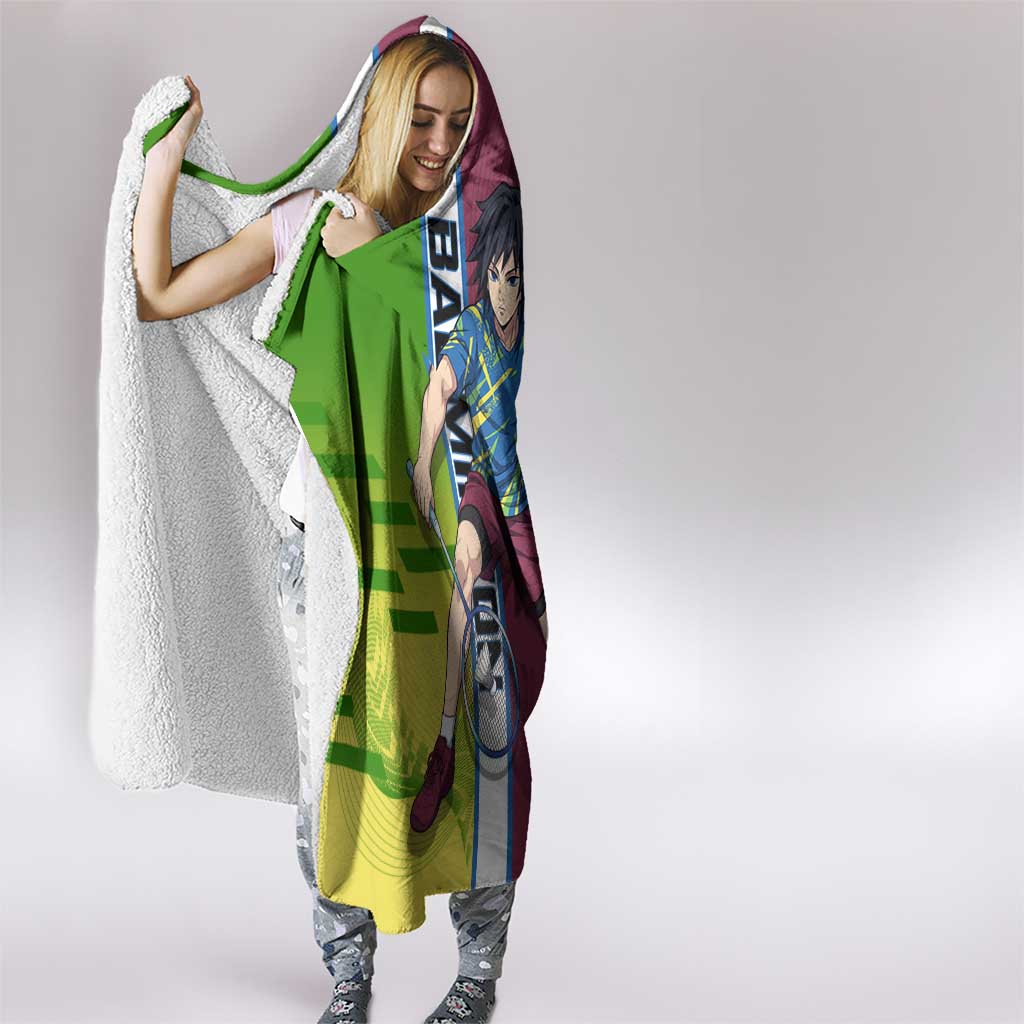 Personalized Giyuu Tomioka Demon Slayer Badminton Theme Hooded Blanket with Racket Action Pose and Tricolor Graphic Design - The Mazicc