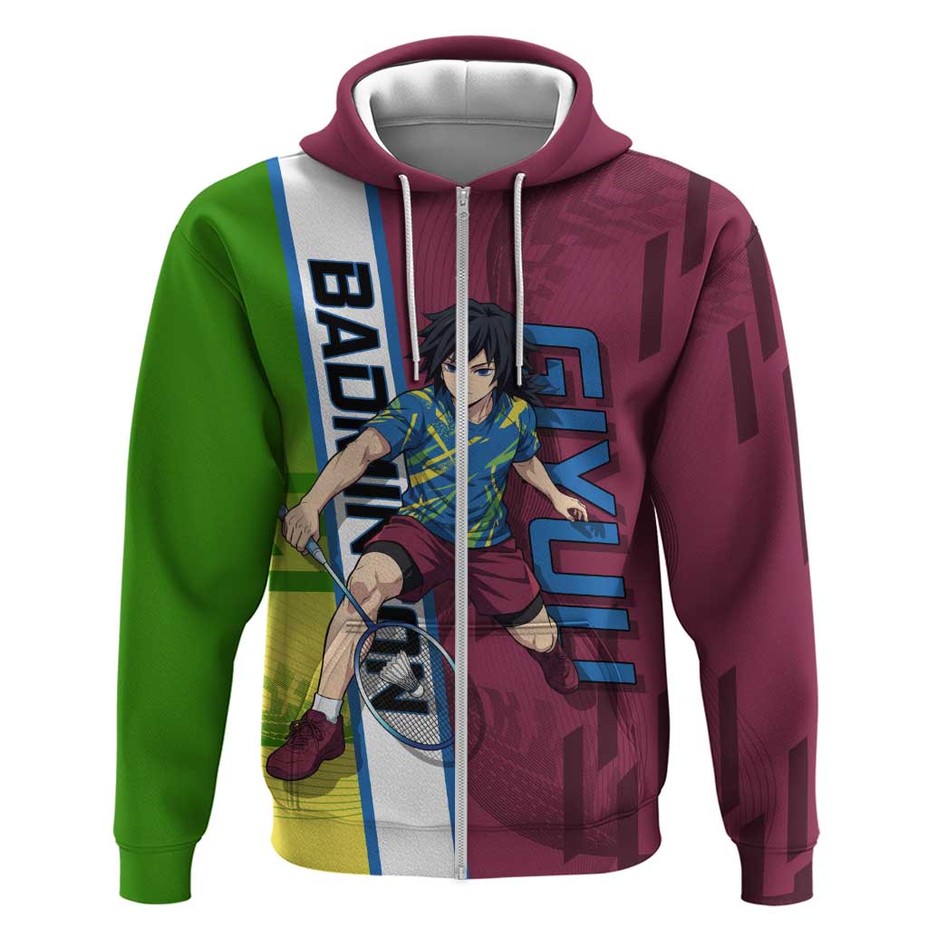 Personalized Giyuu Tomioka Demon Slayer Badminton Theme Hoodie with Racket Action Pose and Tricolor Graphic Design - The Mazicc
