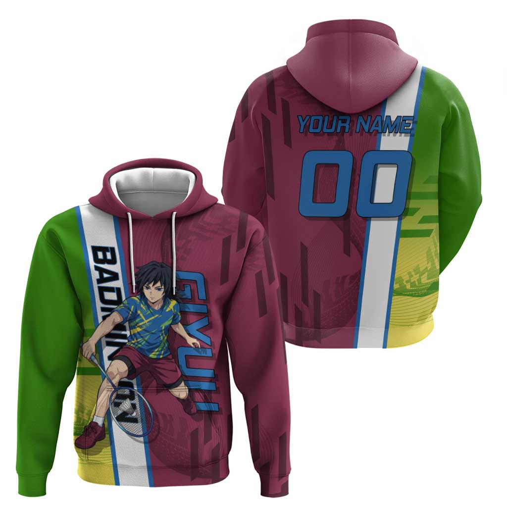 Personalized Giyuu Tomioka Demon Slayer Badminton Theme Hoodie with Racket Action Pose and Tricolor Graphic Design - The Mazicc