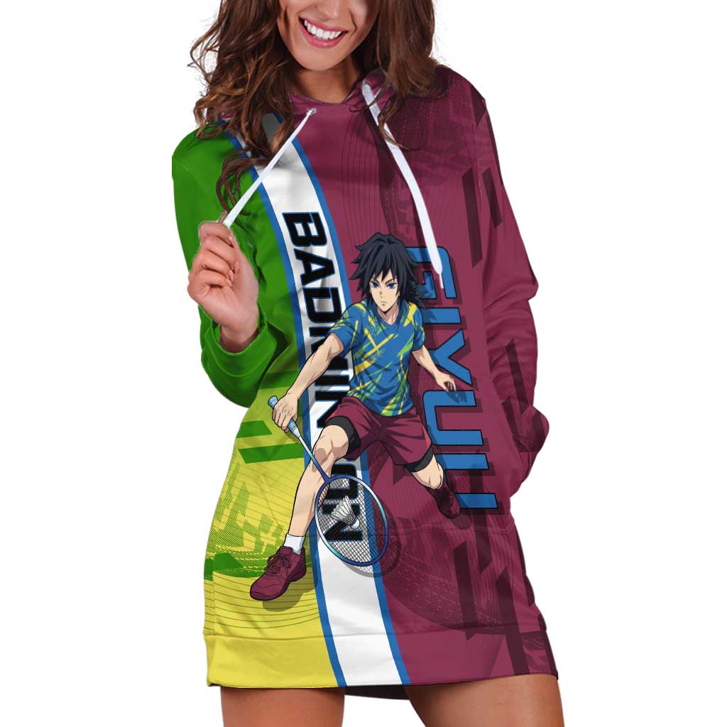 Personalized Giyuu Tomioka Demon Slayer Badminton Theme Hoodie Dress with Racket Action Pose and Tricolor Graphic Design - The Mazicc