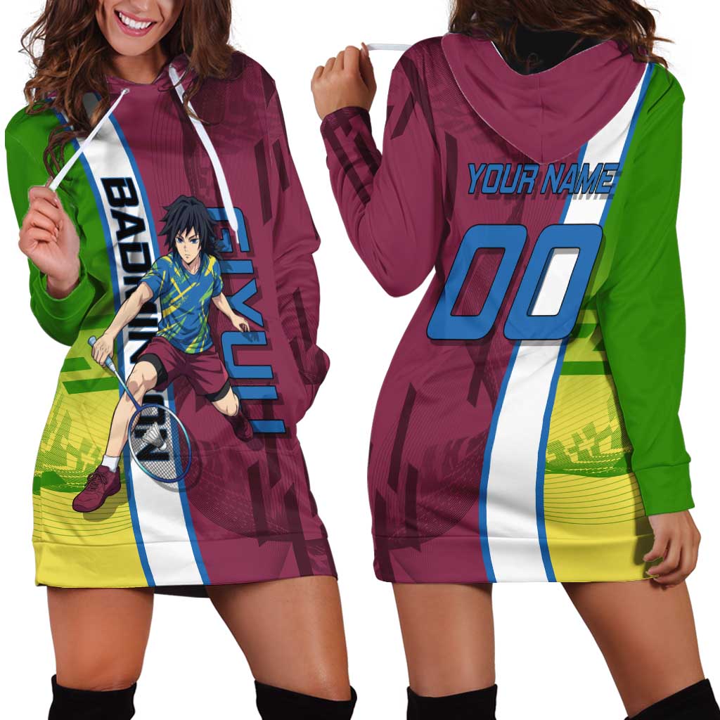 Personalized Giyuu Tomioka Demon Slayer Badminton Theme Hoodie Dress with Racket Action Pose and Tricolor Graphic Design - The Mazicc