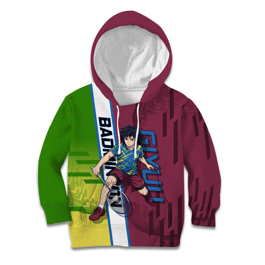 Personalized Giyuu Tomioka Demon Slayer Badminton Theme Kid Hoodie with Racket Action Pose and Tricolor Graphic Design - The Mazicc