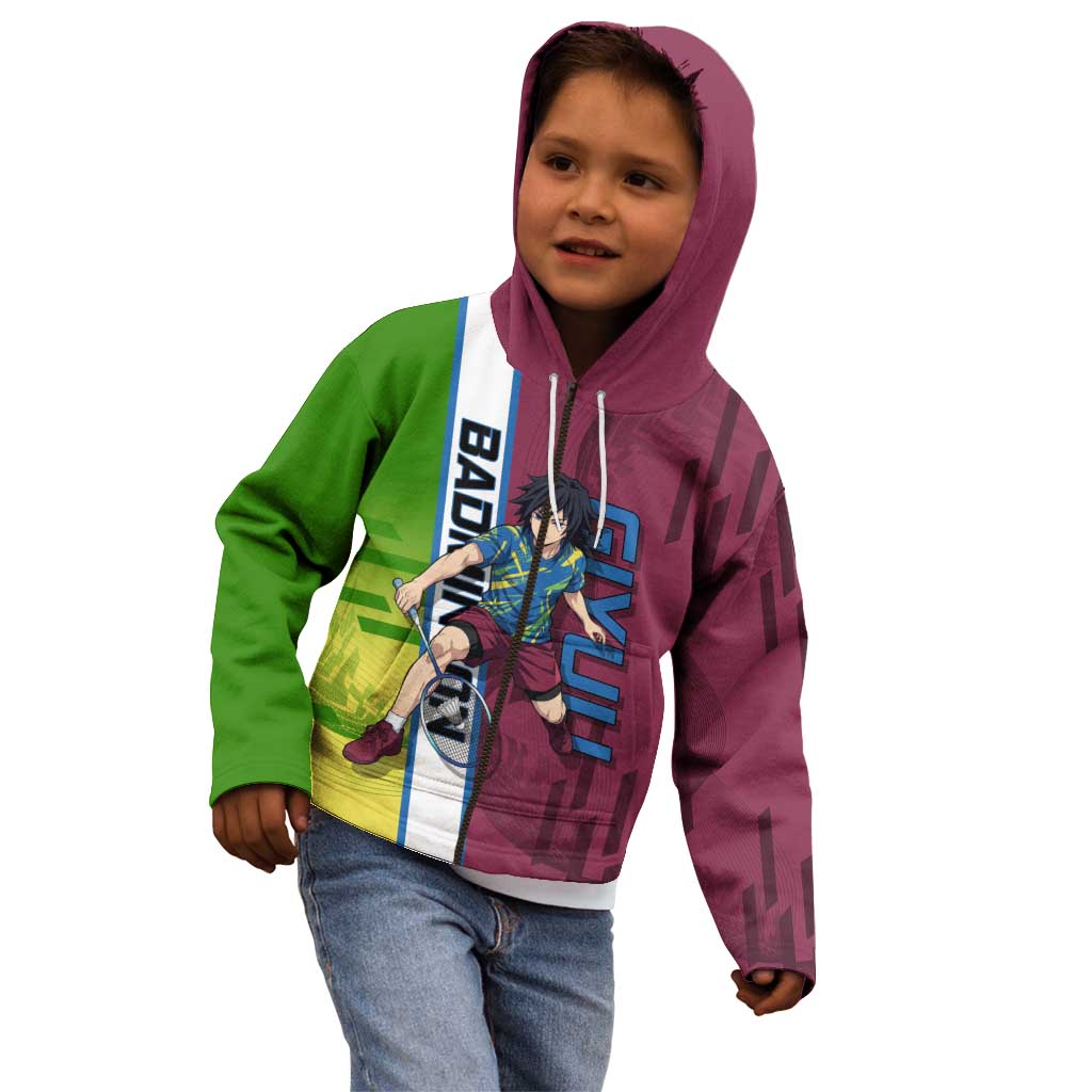 Personalized Giyuu Tomioka Demon Slayer Badminton Theme Kid Hoodie with Racket Action Pose and Tricolor Graphic Design - The Mazicc