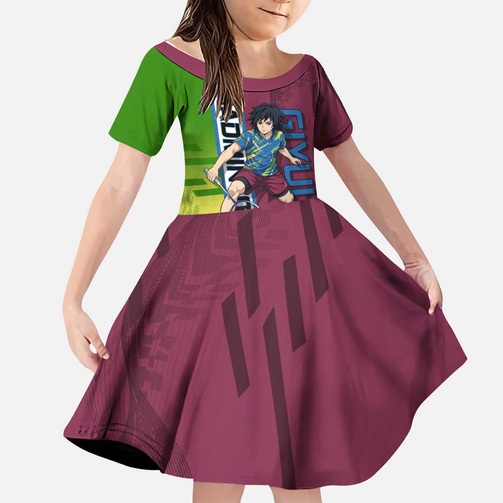 Personalized Giyuu Tomioka Demon Slayer Badminton Theme Kid Short Sleeve Dress with Racket Action Pose and Tricolor Graphic Design - The Mazicc