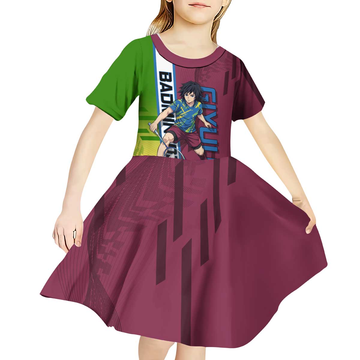 Personalized Giyuu Tomioka Demon Slayer Badminton Theme Kid Short Sleeve Dress with Racket Action Pose and Tricolor Graphic Design - The Mazicc