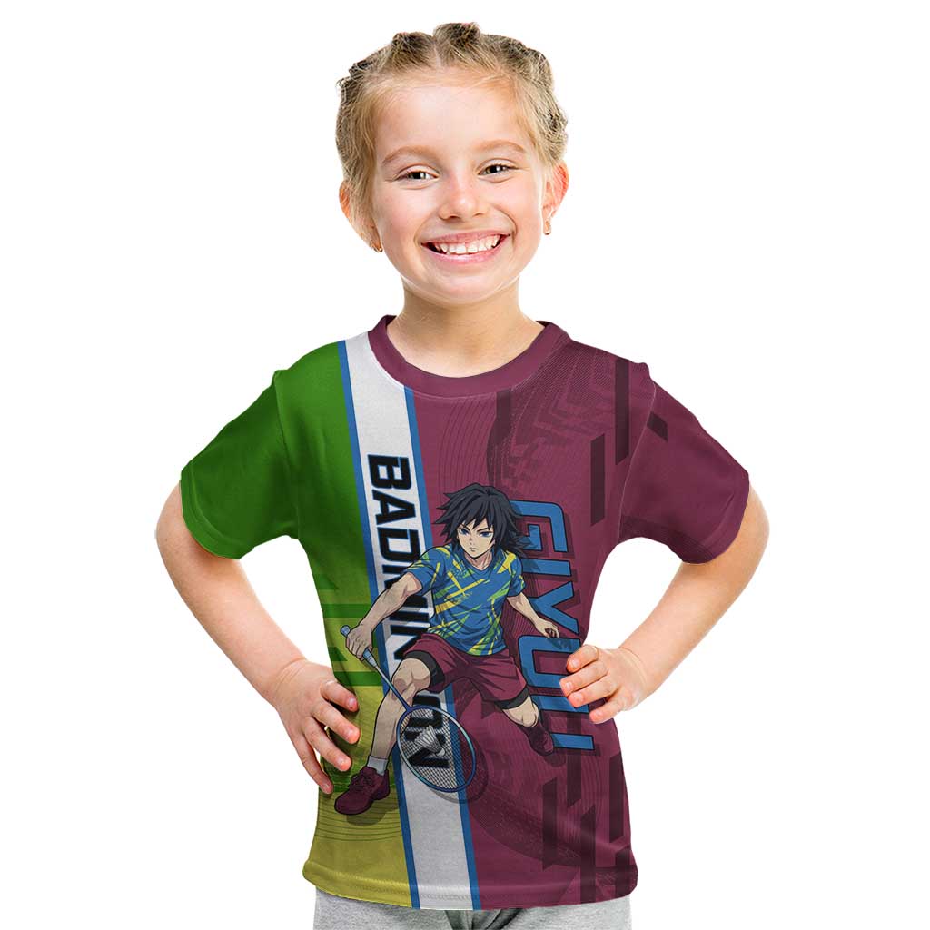 Personalized Giyuu Tomioka Demon Slayer Badminton Theme Kid T Shirt with Racket Action Pose and Tricolor Graphic Design - The Mazicc