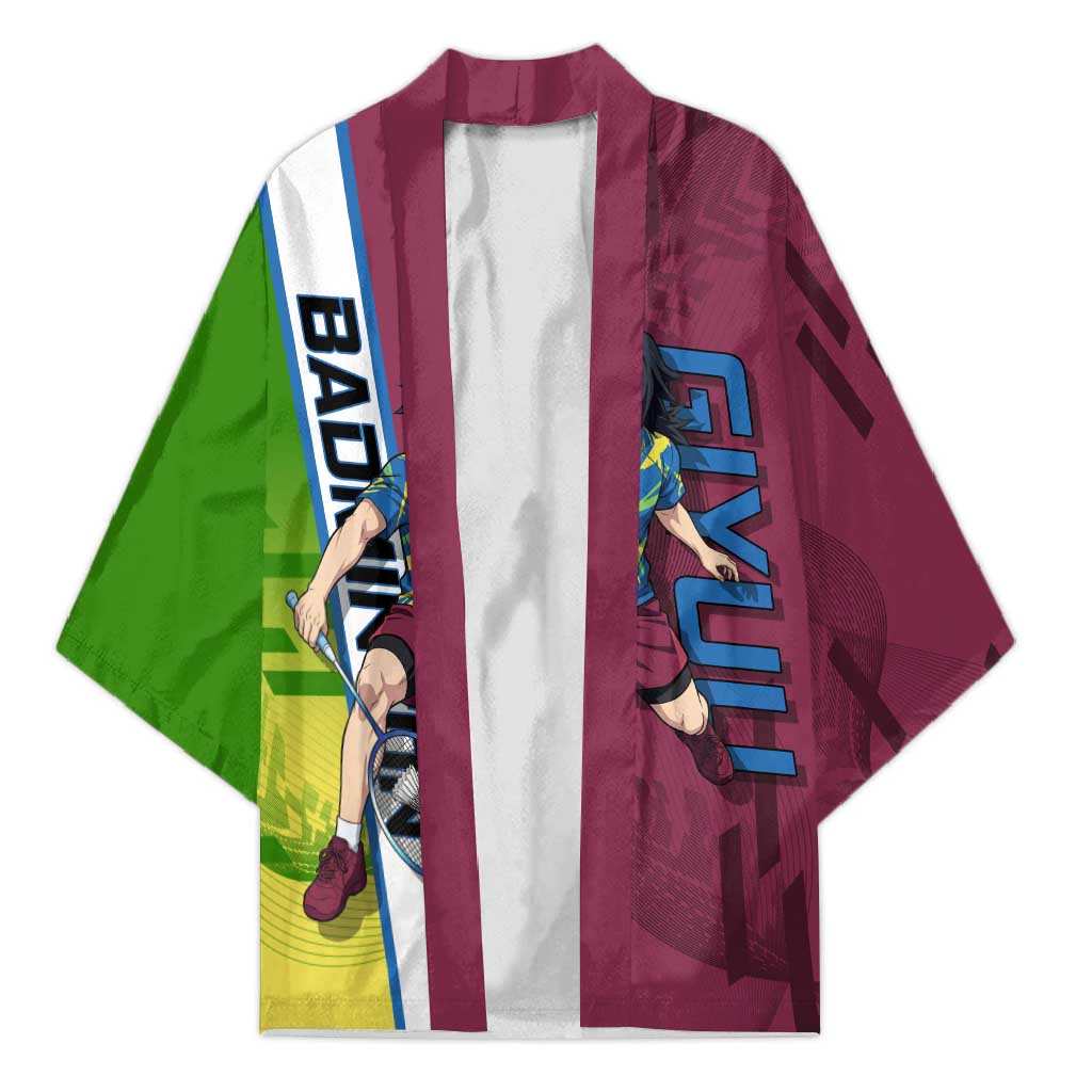 Personalized Giyuu Tomioka Demon Slayer Badminton Theme Kimono with Racket Action Pose and Tricolor Graphic Design - The Mazicc