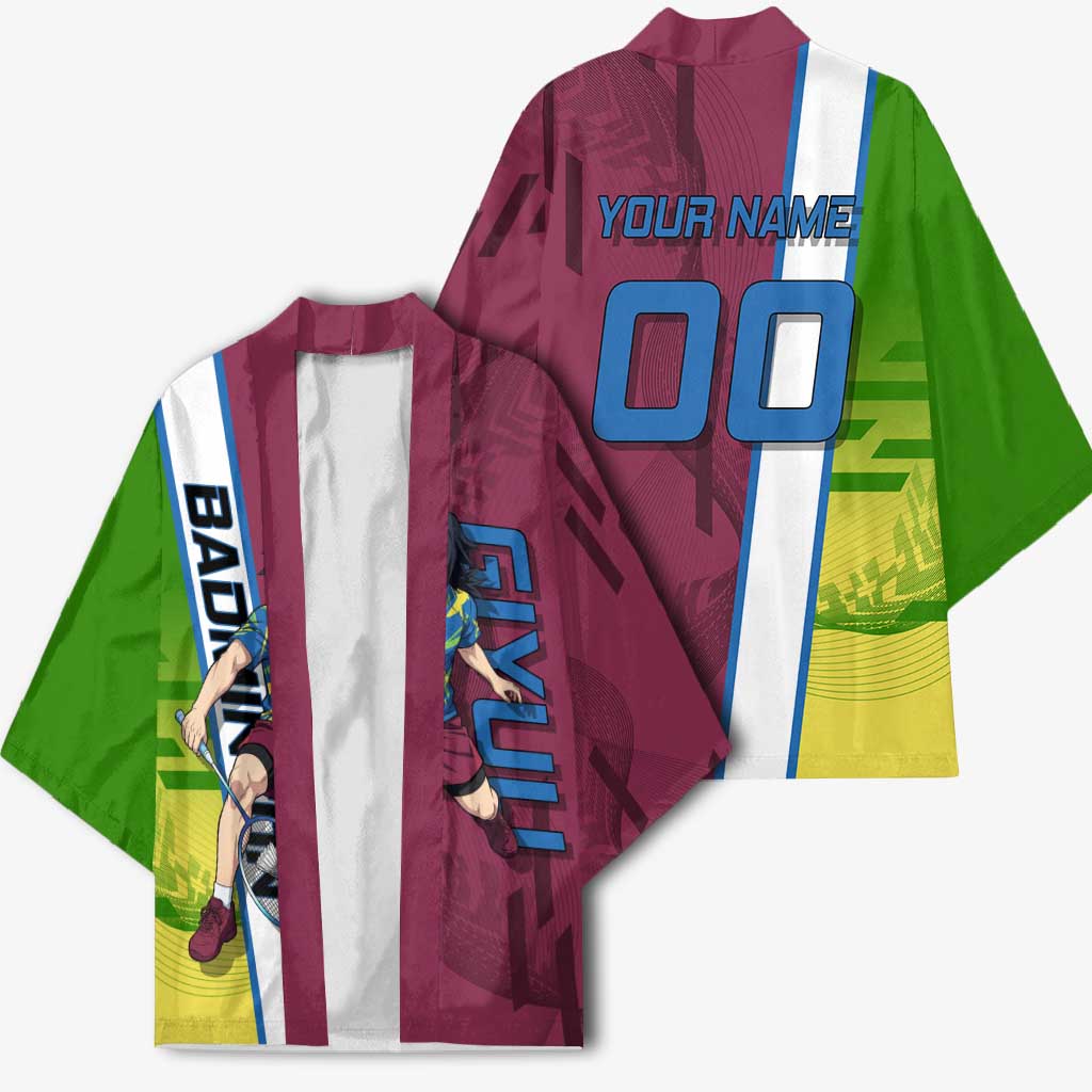Personalized Giyuu Tomioka Demon Slayer Badminton Theme Kimono with Racket Action Pose and Tricolor Graphic Design - The Mazicc