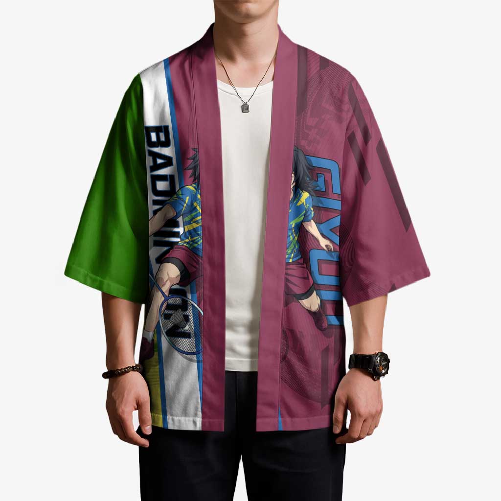 Personalized Giyuu Tomioka Demon Slayer Badminton Theme Kimono with Racket Action Pose and Tricolor Graphic Design - The Mazicc
