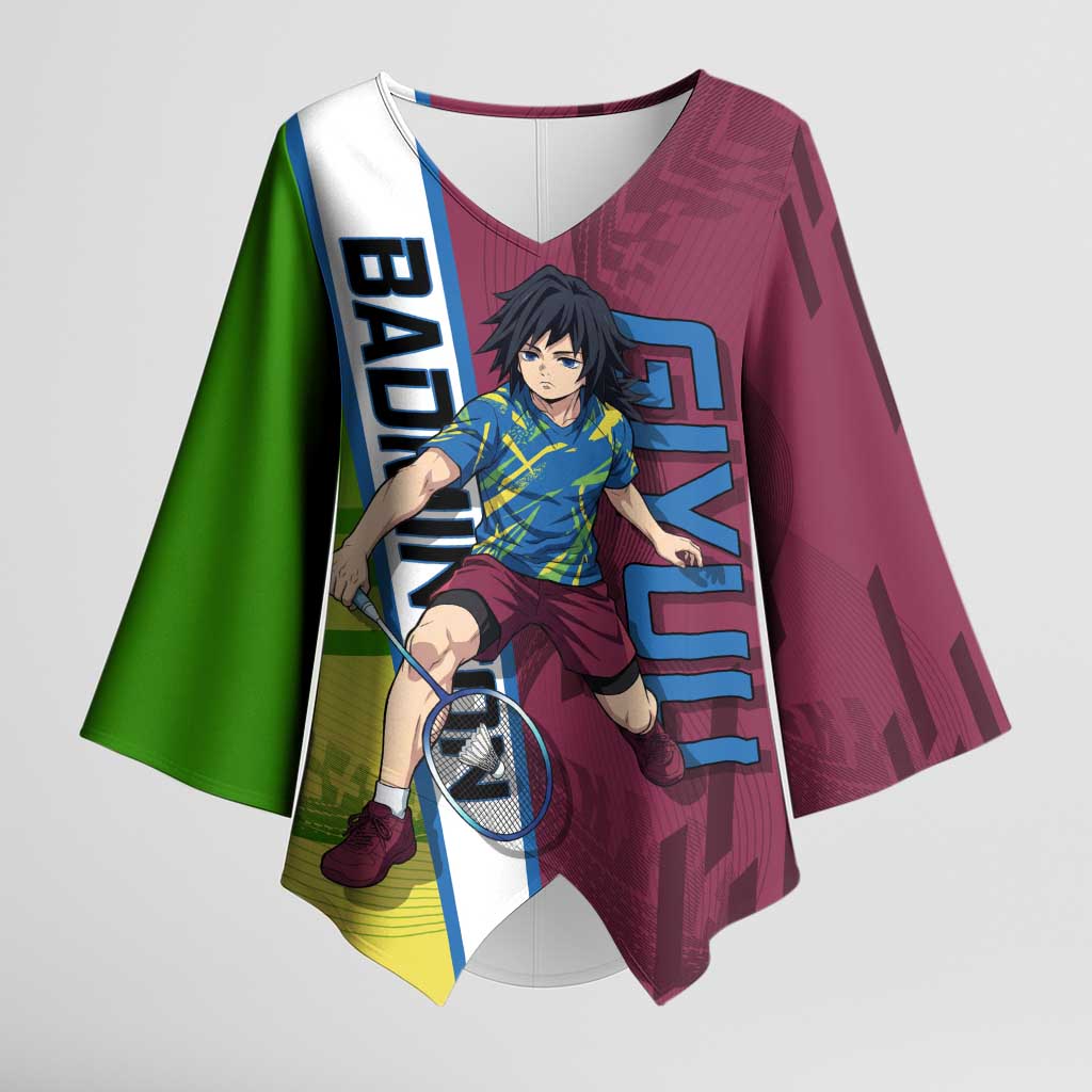 Personalized Giyuu Tomioka Demon Slayer Badminton Theme Kimono Sleeve Blouse with Racket Action Pose and Tricolor Graphic Design - The Mazicc