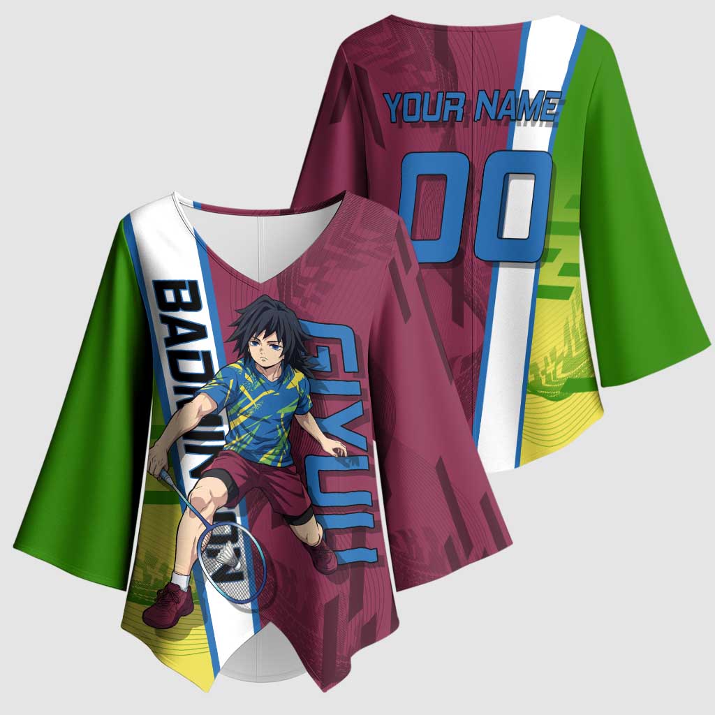 Personalized Giyuu Tomioka Demon Slayer Badminton Theme Kimono Sleeve Blouse with Racket Action Pose and Tricolor Graphic Design - The Mazicc