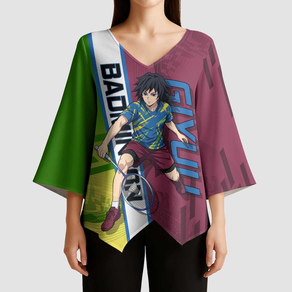 Personalized Giyuu Tomioka Demon Slayer Badminton Theme Kimono Sleeve Blouse with Racket Action Pose and Tricolor Graphic Design - The Mazicc