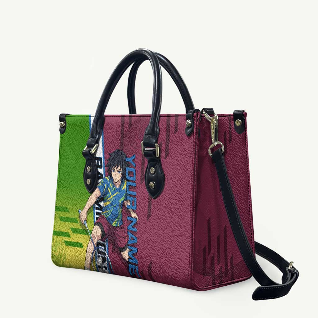 Personalized Giyuu Tomioka Demon Slayer Badminton Theme Leather Bag with Racket Action Pose and Tricolor Graphic Design - The Mazicc