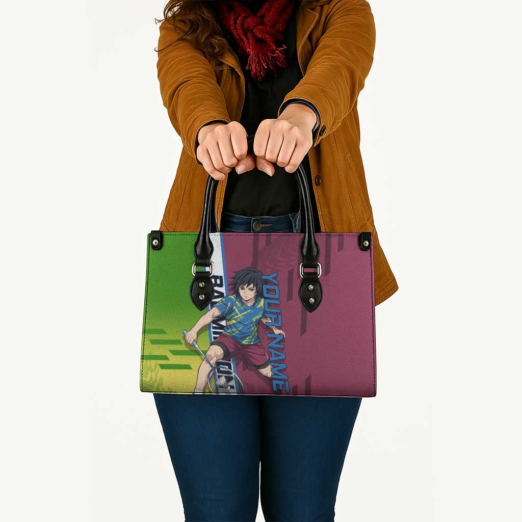 Personalized Giyuu Tomioka Demon Slayer Badminton Theme Leather Bag with Racket Action Pose and Tricolor Graphic Design - The Mazicc