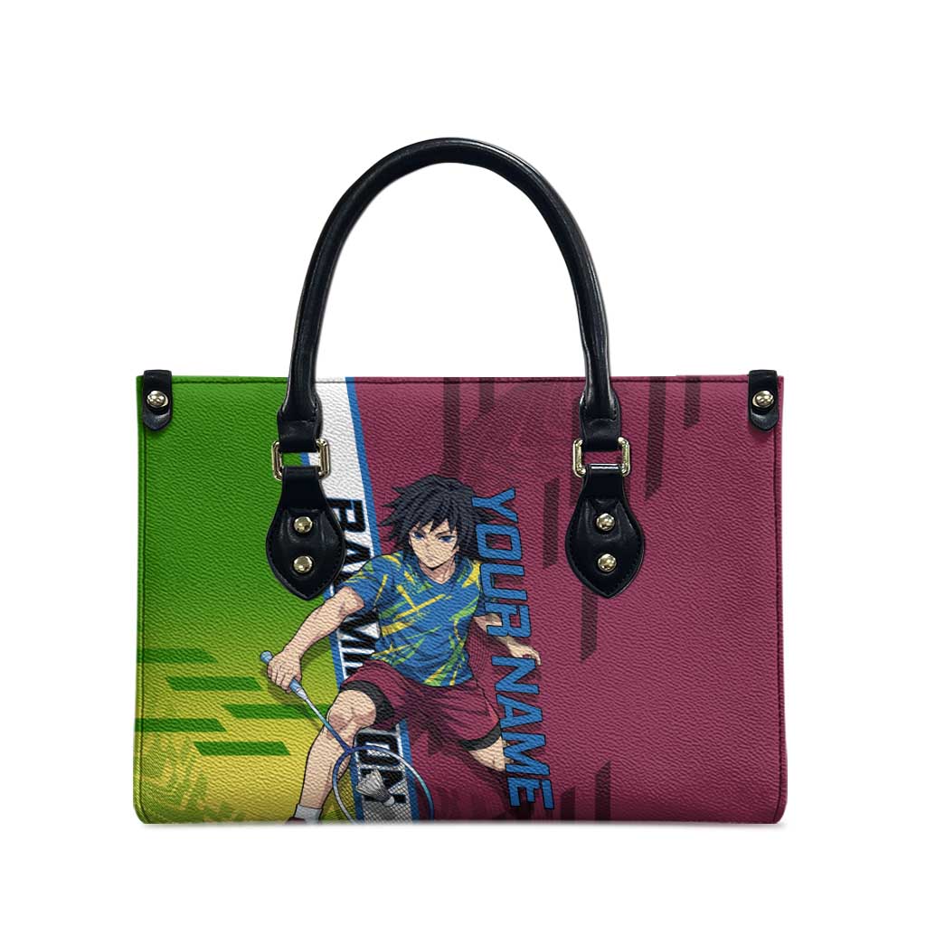 Personalized Giyuu Tomioka Demon Slayer Badminton Theme Leather Bag with Racket Action Pose and Tricolor Graphic Design - The Mazicc