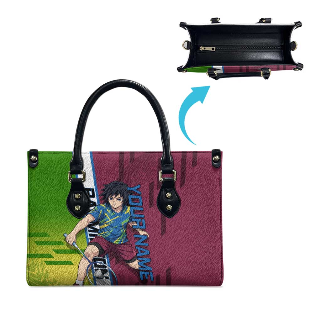 Personalized Giyuu Tomioka Demon Slayer Badminton Theme Leather Bag with Racket Action Pose and Tricolor Graphic Design - The Mazicc