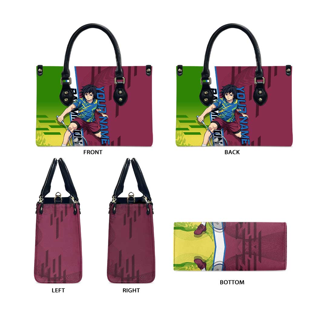 Personalized Giyuu Tomioka Demon Slayer Badminton Theme Leather Bag with Racket Action Pose and Tricolor Graphic Design - The Mazicc