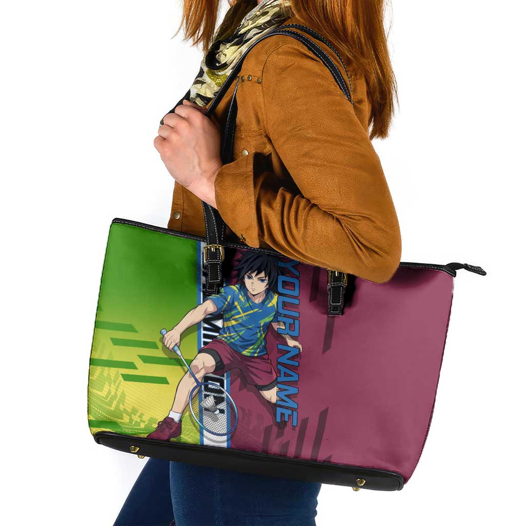 Personalized Giyuu Tomioka Demon Slayer Badminton Theme Leather Tote Bag with Racket Action Pose and Tricolor Graphic Design - The Mazicc