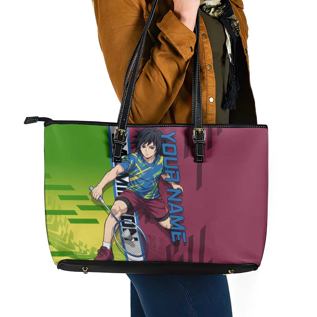 Personalized Giyuu Tomioka Demon Slayer Badminton Theme Leather Tote Bag with Racket Action Pose and Tricolor Graphic Design - The Mazicc