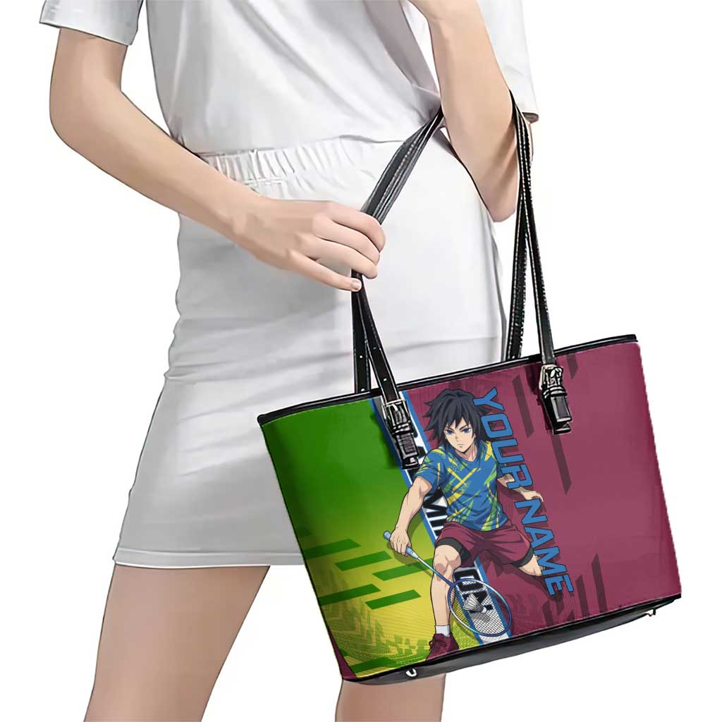 Personalized Giyuu Tomioka Demon Slayer Badminton Theme Leather Tote Bag with Racket Action Pose and Tricolor Graphic Design - The Mazicc
