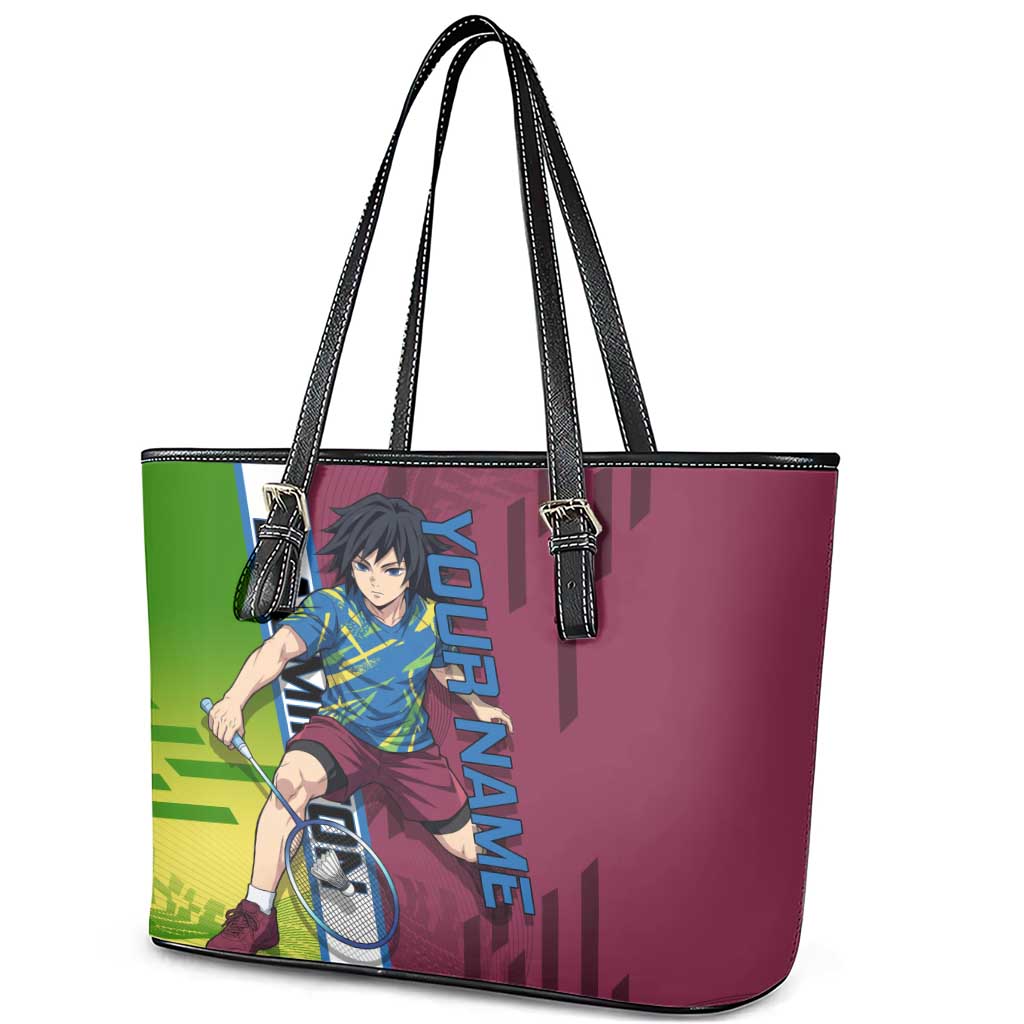Personalized Giyuu Tomioka Demon Slayer Badminton Theme Leather Tote Bag with Racket Action Pose and Tricolor Graphic Design - The Mazicc