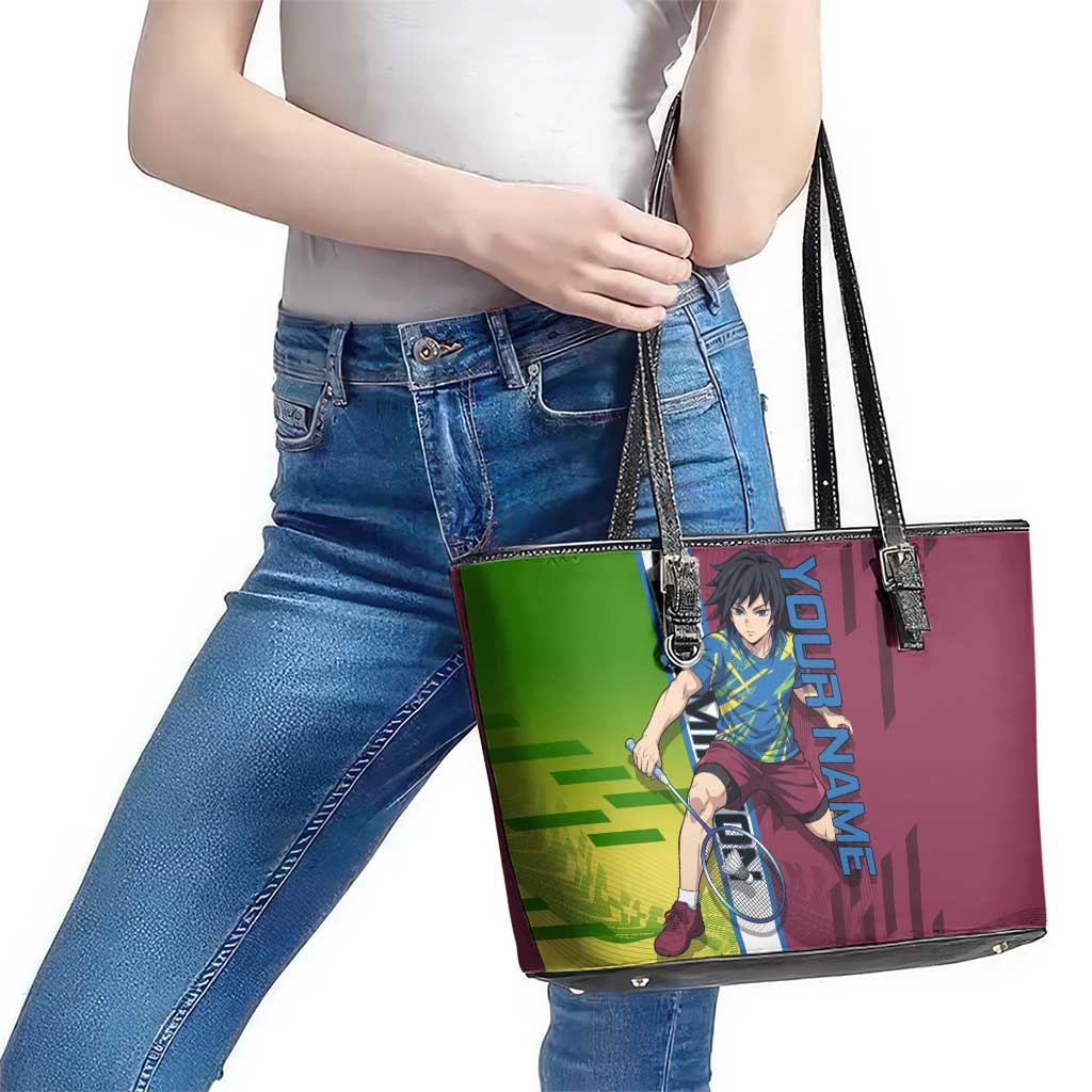 Personalized Giyuu Tomioka Demon Slayer Badminton Theme Leather Tote Bag with Racket Action Pose and Tricolor Graphic Design - The Mazicc