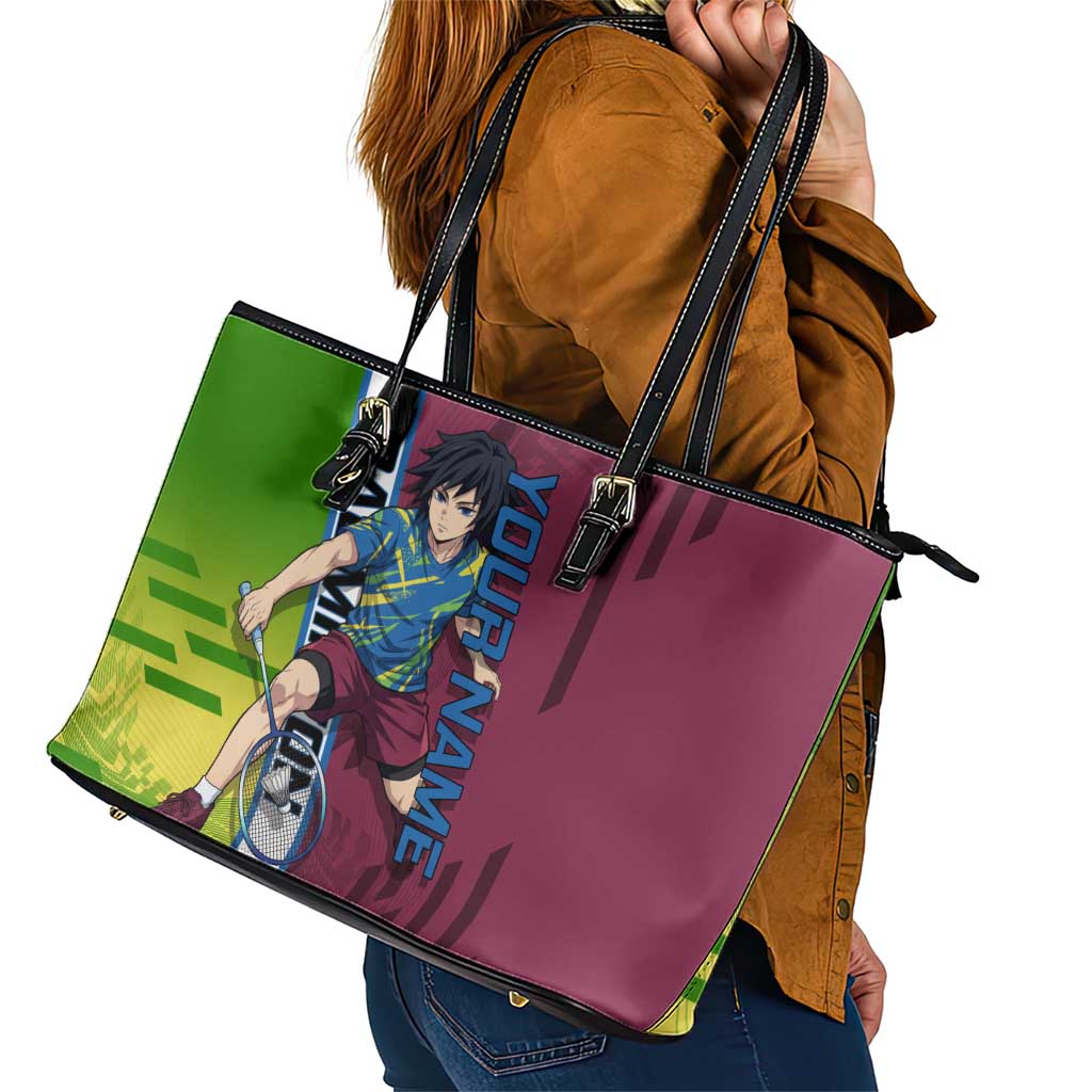 Personalized Giyuu Tomioka Demon Slayer Badminton Theme Leather Tote Bag with Racket Action Pose and Tricolor Graphic Design - The Mazicc