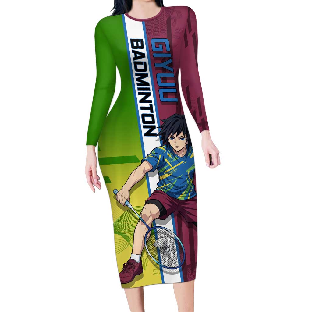 Personalized Giyuu Tomioka Demon Slayer Badminton Theme Long Sleeve Bodycon Dress with Racket Action Pose and Tricolor Graphic Design - The Mazicc