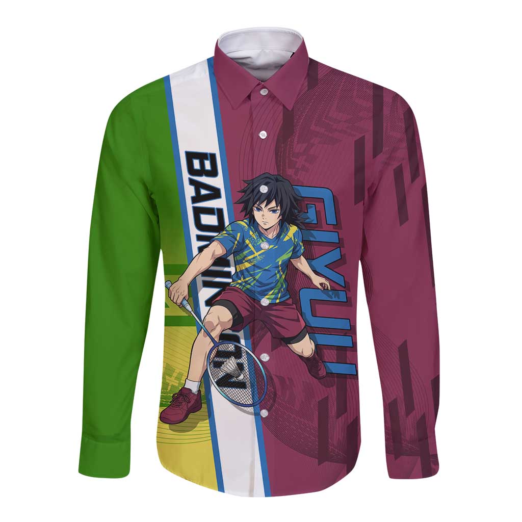 Personalized Giyuu Tomioka Demon Slayer Badminton Theme Long Sleeve Button Shirt with Racket Action Pose and Tricolor Graphic Design - The Mazicc