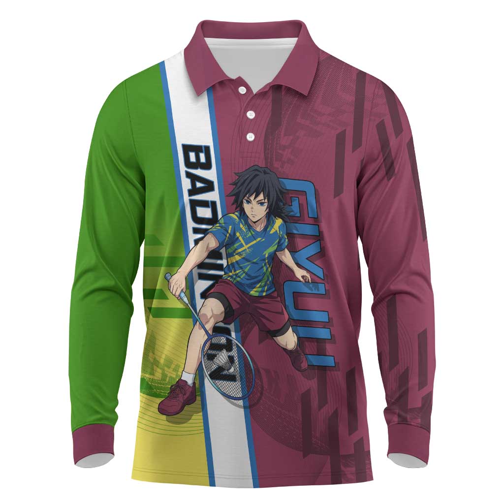 Personalized Giyuu Tomioka Demon Slayer Badminton Theme Long Sleeve Polo Shirt with Racket Action Pose and Tricolor Graphic Design - The Mazicc