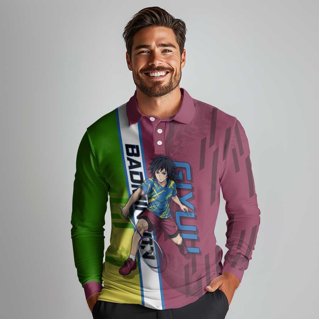 Personalized Giyuu Tomioka Demon Slayer Badminton Theme Long Sleeve Polo Shirt with Racket Action Pose and Tricolor Graphic Design - The Mazicc