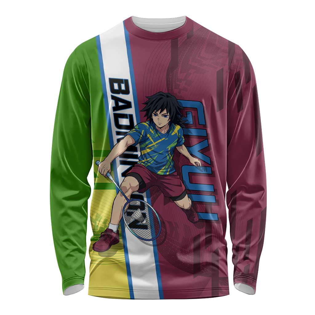 Personalized Giyuu Tomioka Demon Slayer Badminton Theme Long Sleeve Shirt with Racket Action Pose and Tricolor Graphic Design - The Mazicc