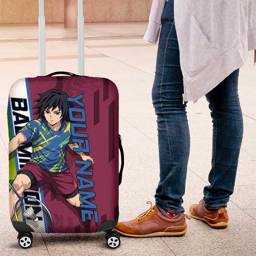 Personalized Giyuu Tomioka Demon Slayer Badminton Theme Luggage Cover with Racket Action Pose and Tricolor Graphic Design - The Mazicc